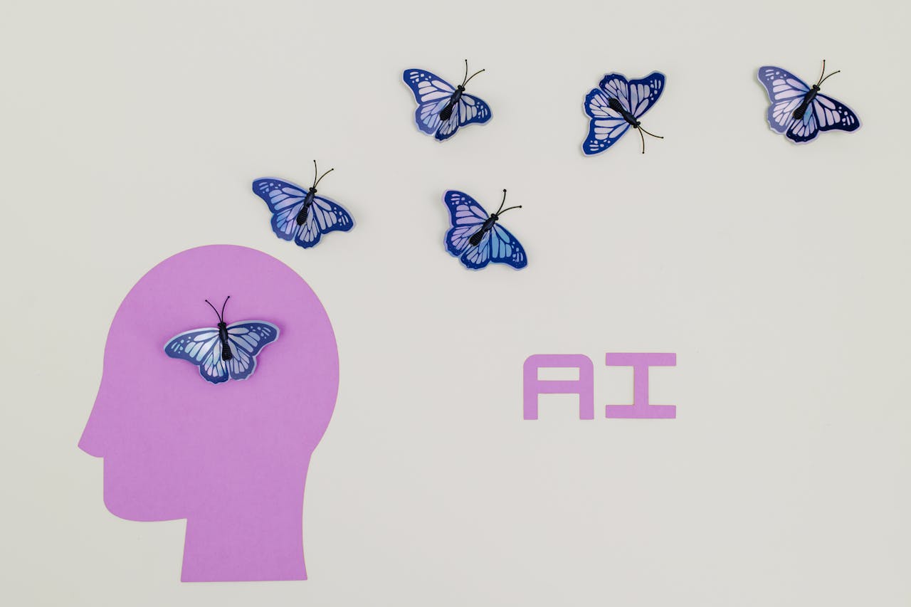 About Surreal AI conceptual art featuring butterflies and a human head silhouette in a minimalistic style.
